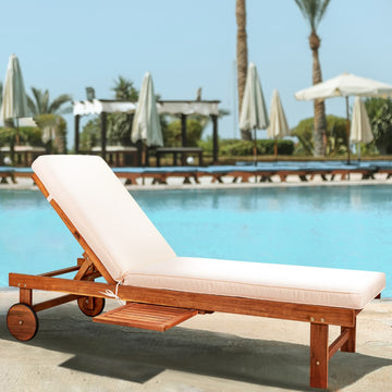 Seabrook Outdoor Acacia Wood Lounger with Cushion, 5-Position Back, Slide Table & Wheels - JONATHAN Y